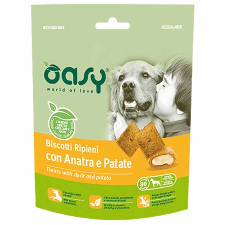 Alimento cane Snack Oasy Biscotti ripieni con anatra a patate 80g